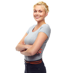 Image showing Portrait, fashion and smile of woman with arms crossed in studio isolated on a white background. Confidence, model and happy blonde person in casual clothes or trendy outfit on a backdrop in Germany