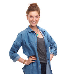 Image showing Portrait, fashion and smile of confident woman in studio isolated on a white background. Proud, model and happy person or young girl in trendy clothes with stylish denim on a backdrop in Germany