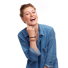 Image showing Woman, portrait and laughing for humor in studio, funny joke and having fun on white background. Happy female person, comedy and smile on mockup space, goofy comic and positive for enjoyment or face