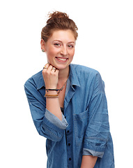 Image showing Model, fashion and accessories with denim, jacket and smile with jewellery and portrait. Woman, happiness and face for joy, confidence and positivity with style isolated on white background in studio