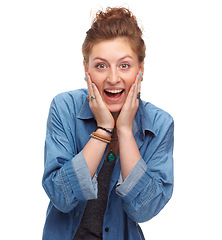 Image showing Portrait, surprise and excited with woman, shocked and expression isolated on a white studio background. Face, person and model with wow or girl with victory and winner with celebration and reaction