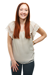 Image showing Studio, portrait and woman with casual fashion or trendy style, shine and wellness by white background. French person, positive face or professional in funky clothes or creative career in journalism