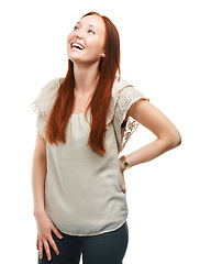 Image showing Studio, woman and happy in casual fashion or trendy style, thinking and creative idea by white background. French person, positive or professional in funky clothes or wellness in career as journalist