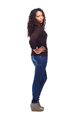 Image showing Black woman, portrait and confident for clothes in studio, aesthetic and attitude on white background. Female person, full body and fashion on mockup space, designer and pride for style or trend