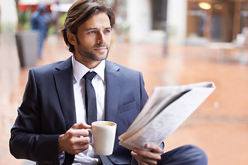 Image showing Entrepreneur, man and thinking with newspaper at coffee shop outdoor, reflect and idea for company. Corporate, break and read information for opportunity, economy trends for startup business.