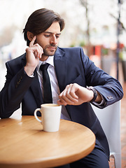 Image showing Late, cafe and businessman thinking of time, workplace and appointment for meeting in office. Male person, schedule and coffee on table in shop, employee or staff or corporate company with watch