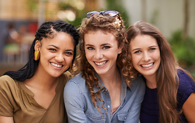 Image showing Portrait, friends and women with happiness for bonding at outdoor on break, fun and sharing memory. Diversity, smile and excited with support, care and relax in summer for friendship and positivity