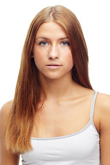 Image showing Portrait, beauty and hair with natural woman in studio isolated on white background for keratin treatment. Face, salon or skincare and confident young person with shampoo or conditioner for haircare