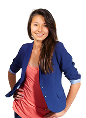 Image showing Portrait, fashion and smile of woman with confidence in studio isolated on a white background. Face, model and happy young student in casual clothes, trendy or stylish outfit on a backdrop in Spain