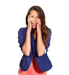 Image showing Portrait, surprise and excited with woman, winner or victory isolated on white studio background. Emoji, person or model with expression or girl with reaction, omg or shocked with announcement or wow