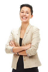 Image showing Portrait, smile and business woman with arms crossed in studio for job and career isolated on a white background. Face, confidence and happy entrepreneur, employee and consultant working in Spain