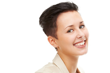Image showing Face, woman and happy in studio with skincare in white background for teen, cosmetics and natural glow. Portrait, female person, smile and satisfied for results with wellness, healthy and self care.