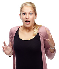 Image showing Portrait, surprise and shocked with woman, reaction and person isolated on white studio background. Face, emoji and female model with expression or girl with news or wow with announcement or omg