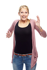 Image showing Woman, portrait and surprise for win in studio, promotion and announcement on white background. Happy female person, shock and good news or lottery success, information and sale or discount and deal