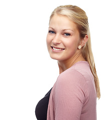 Image showing Face, fashion and woman with smile in studio on white background, casual clothes and trendy outfit. Female person, happy and satisfied with style for confidence, elegant and stylish with class.