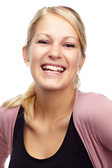 Image showing Woman, portrait and laughing for comedy in studio, funny joke and having fun on white background. Happy female person, positive attitude and smile on face, goofy comic and positive for enjoyment