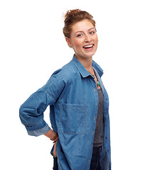 Image showing Woman, portrait and laughing for joke in studio, funny humor and confidence on white background. Happy female person, comedy and smile on mockup space, goofy comic and positive for enjoyment on face