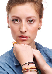 Image showing Woman, fashion and accessories with denim, jacket and proud with jewellery and portrait. Model, aesthetic and face for style, confidence and positivity isolated on white background in studio