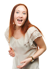 Image showing Excited, portrait and woman in studio with shock for surprise, deal or discount on white background. Female person, happy and face with wow expression for excitement, sale or achievement with smile