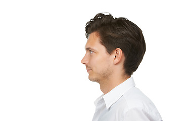 Image showing Man, side view and mockup space in studio for news, announcement and information. Business, formal and looking at professional idea, thoughtful or contemplative businessman on white background