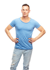 Image showing Portrait, man and confidence for fashion, clothing and trendy style on studio background with assertiveness, casual outfit and proud. Male person, model and face in contemporary look, pride and edgy