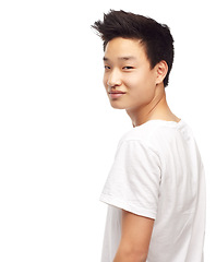 Image showing Portrait, fashion and young Asian man in studio with stylish shirt isolated on a white background mockup space. Face, confidence and person, model or student in casual clothes on a backdrop in China