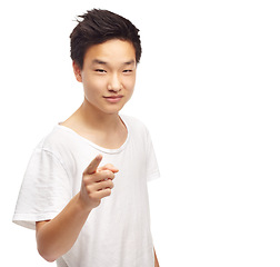 Image showing Portrait, man and hand pointing at you with mockup in studio for choice, accountability or decision on white background. Face, vote or gen z model with finger gesture, invitation or volunteering call