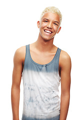 Image showing Fashion, clothes and portrait for young man in studio on white background. Model, teen or gen z and smiling with vest and blond hair while isolated for edgy, cool and trendy apparel for style