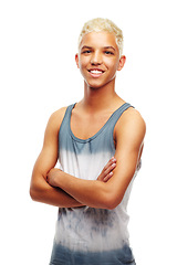 Image showing Happy man, portrait and confidence with fashion for style or casual clothing on a white studio background. Face of young and handsome male person, blonde or model with smile or arms crossed on mockup