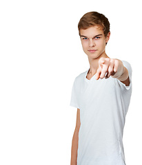 Image showing Man, portrait and hand pointing at you with mockup in studio for choice, accountability or decision on white background. Face, vote or gen z model with finger gesture, invitation or volunteering call