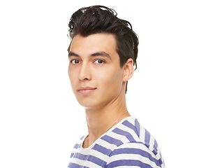 Image showing Portrait, serious and young man in studio for fashion isolated on a white background mockup space. Face, confidence and person, model or student in casual clothes for style on a backdrop in Mexico