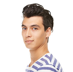 Image showing Portrait, serious and man in studio for fashion isolated on a white background mockup space. Face, confidence and young person, model or student in casual clothes for style on a backdrop in Mexico