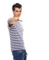 Image showing Portrait, man and hand pointing at you in studio for news, announcement or deal on white background. Face, smile or male model show vote emoji for competition, giveaway or information, promo or offer