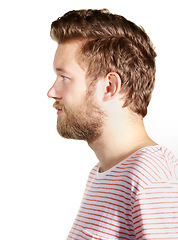 Image showing Face profile, hair and beard with man in studio isolated on white background for masculine grooming. Beauty, model and haircare with young person at barber or hairdresser for hygiene or self care