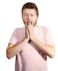 Image showing Portrait, man and shock for surprise, story and announcement in studio on white background. Amazed, male person and hand with smile for hearing omg, wow, and amazing good news, gossip and scoop