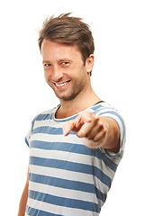 Image showing Happy man, portrait and pointing to you for choice or pick on a white studio background. Isolated, handsome male person or young model with smile for decision, choose or selection in casual clothing