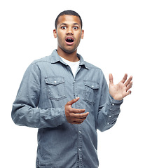 Image showing Wow, shock and portrait of man in studio with surprise news, information or announcement on white background. Omg, face and male model with mind blown emoji reaction or giveaway, deal or promotion