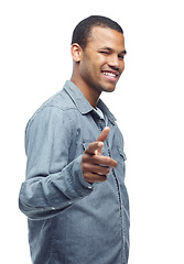 Image showing Portrait, African man and pointing gesture isolated on studio background with wink, confidence and smile. Male person, model and face for fashion, clothing and happiness for style, trend and chic