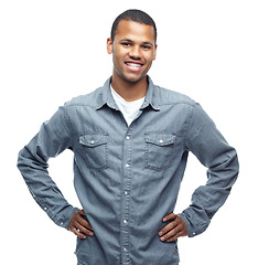 Image showing Portrait, studio and happy black man for denim shirt, outfit and smile on face for clothes. African male person, joy and aesthetic, casual and cool as model for fashion for style in white background