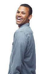 Image showing Happy man, portrait and laughing with fashion for style, denim or casual clothing on a white studio background. Excited male person, friendly hipster or young model with funny smile in stylish outfit