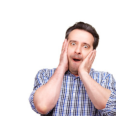 Image showing Portrait, man and hand for shock, worry and announcement on mockup in studio on white background. Amazed, male person and hearing of wtf, omg and wow story with rumor, good news and gossip for scoop