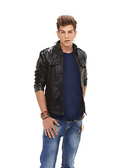 Image showing Handsome man, portrait and fashion with leather jacket, denim jeans or cool clothing on a white studio background. Attractive male person, punk or dude with casual outfit for style on mockup space