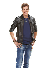 Image showing Happy man, portrait and fashion with leather jacket, denim jeans or cool clothing on a white studio background. Attractive male person, punk or young dude with casual outfit for style on mockup space