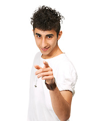 Image showing Happy man, portrait and pointing to you in casual clothing for decision, choice or pick on a white studio background. Isolated male person or model with smile for choose, style or gesture on mockup