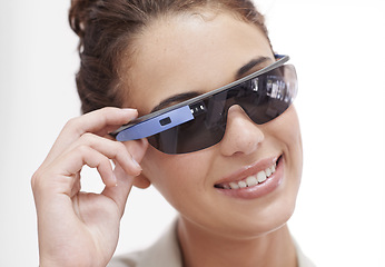 Image showing Augmented reality, smart glasses and portrait of woman for fashion, technology or protection from sun. Metaverse, face and hand of model for innovation, eyewear and internet with white background.