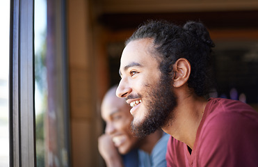 Image showing Face, smile and man at window of coffee shop to relax with view or enjoy free time off closeup. Cafe, customer and retail with happy young person in restaurant for service or hospitality industry