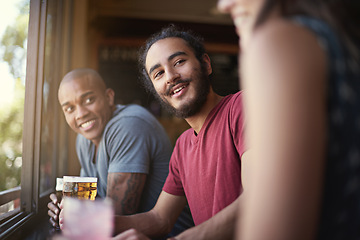 Image showing Friends, people or happiness in pub with beer for happy hour, relax or social event with window view. Diversity, listen or drinking alcohol in restaurant or club with smile for bonding or celebration