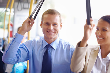 Image showing People, businesspeople and passengers on bus for public transport, transit and commute with happiness in urban city. Business man, woman and coworkers together in shuttle vehicle to workplace