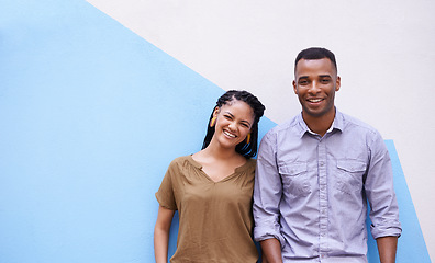 Image showing Portrait, love for fashion and black couple on wall background together with colorful space or mockup. Smile, date or affection with happy young man and woman outdoor in city for summer bonding