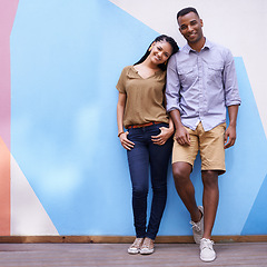 Image showing Portrait, smile for fashion and black couple on wall background together with colorful space or mockup. Love, date or affection with happy young man and woman outdoor in city for summer bonding